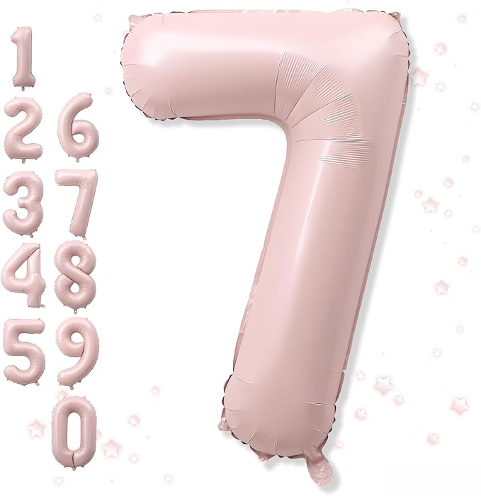 7th Birthday Balloons for Girls, Pastel Dusty Blush Pink Large Mylar 7 Balloon by Froova