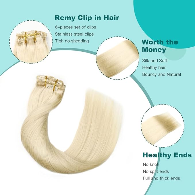 SURNEL Clip in Extensions Human Hair Platinum Blonde Hair Extensions Real Human Hair Clip ins 20 Inch 6pcs 120g (#60,20'')