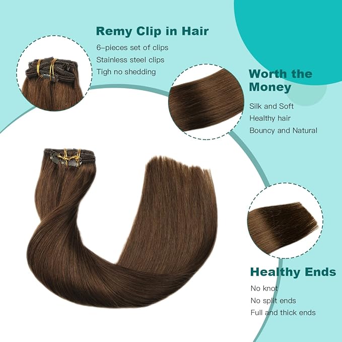 Clip in Extensions Real Human Hair, SURNEL Chocolate Brown Hair Extensions Clip ins 16 Inch 100g 6pcs (#4,16'')