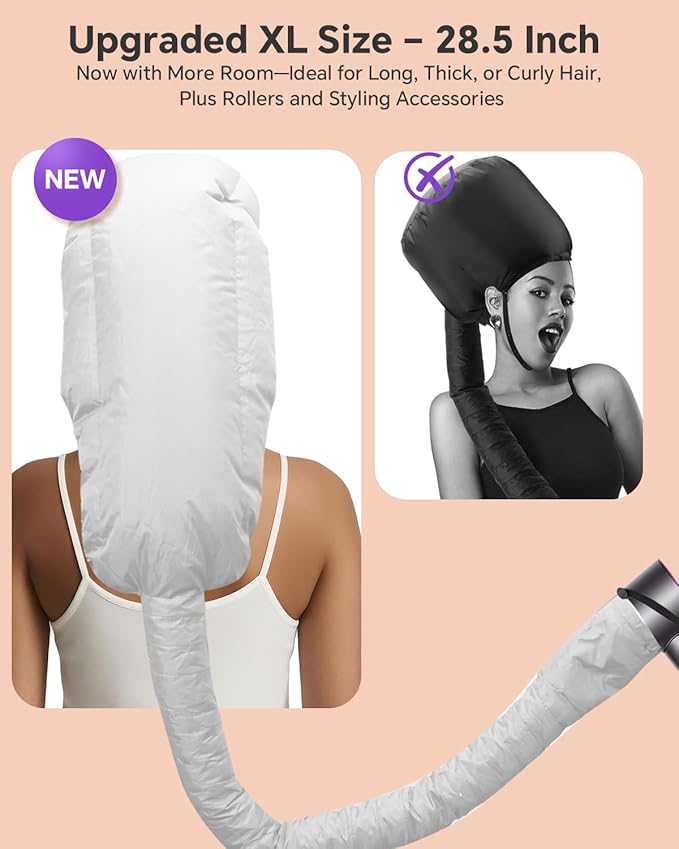 Hair Dryer Bonnet Attachment – 28.5" XL Hooded Dryer Cap for Faster Drying & Deep Conditioning, Extra-Large Space Fits Thick, Curly Hair & Styling Tools (Silver, Extra Large)