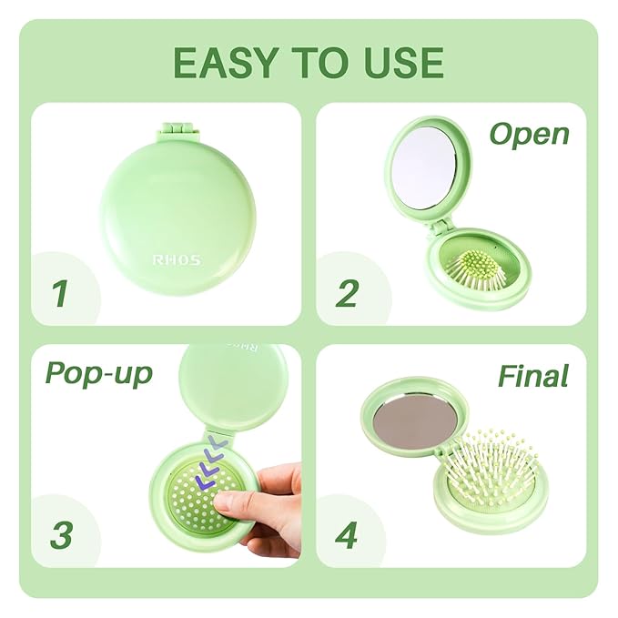 RHOS Folding Brush with Mirror - Compact, Portable and Foldable for Travel, Suitable for Women, Men, and Kids (Green)