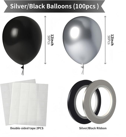 100 Pack Black and Silver Balloons 12 Inch Shiny Metallic Black Silver Extra - Image 2