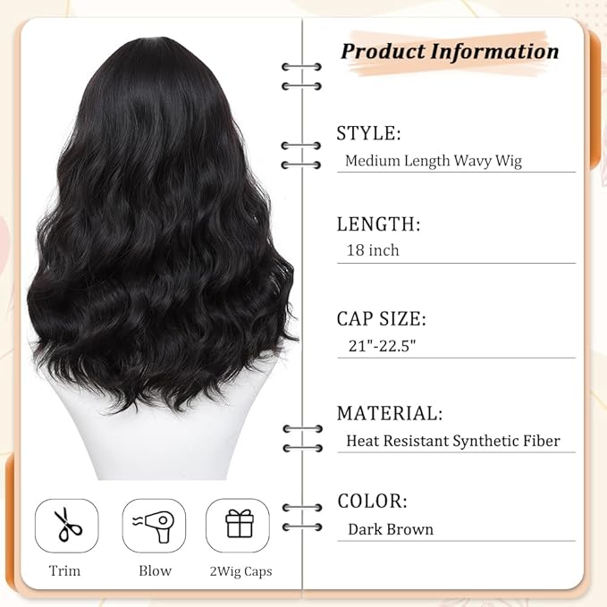 Dark Brown Wig for Women, 18 Inch Middle Part Wavy Curly Wigs Synthetic Heat Resistant Soft deep wave Wig for Women Daily Use (Dark Brown, 18 Inch)