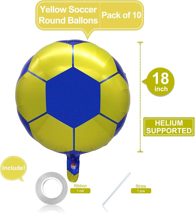 10 Pack 18 Inch Yellow Soccer Foil Balloons Football Helium Metallic Mylar - Image 2