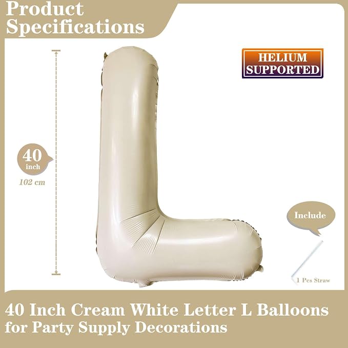 Cream White Letter L Balloons, 40 Inch Giant Letter Balloons L Foil Mylar - Image 2
