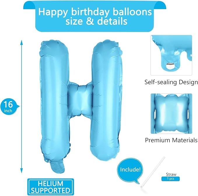 Light Blue Happy Birthday Balloons Banner 16 Inch Mylar Foil Letters - Image 2