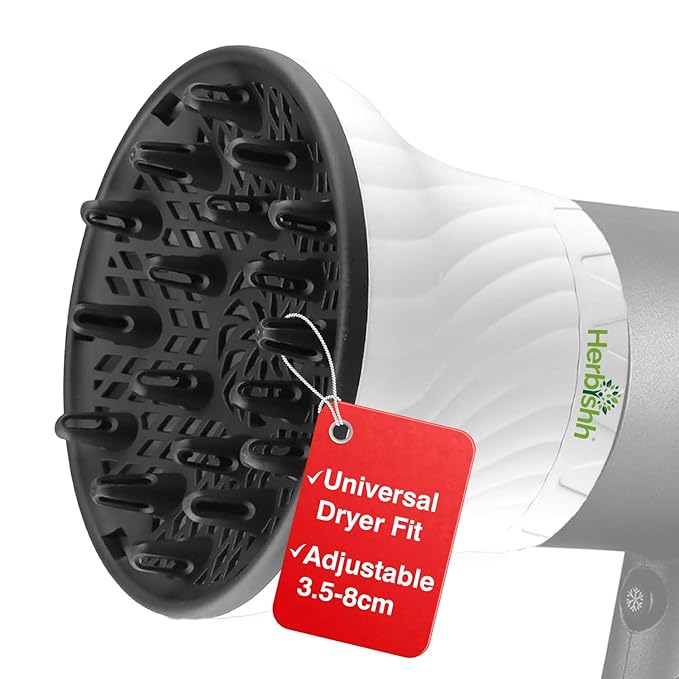 Herbishh Universal Hair Dryer Diffuser - Adjustable 3.5-8 cm, Rotary Clip for Curly & Wavy Hair, Even Heat, Reduces Frizz & Adds Volume, Heat-Resistant Air Hood for Effortless Curl Definition (White)