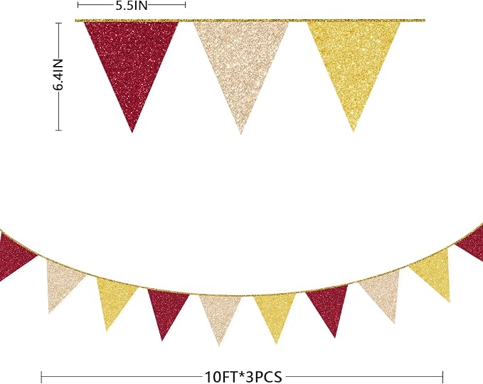 Maroon Gold Party Pennant Banner Flag Burgundy Champagne Gold Triangle Hanging - Image 2