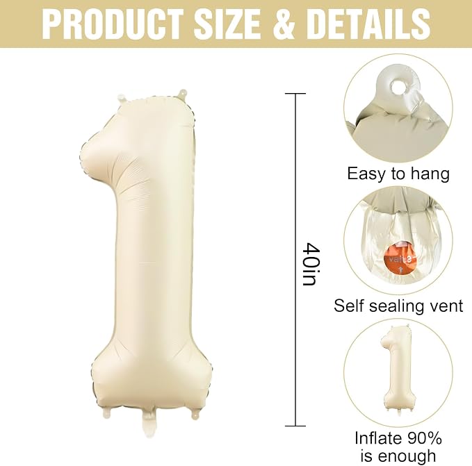 Number 1 Balloon Beige, 40 Inch Large Cream Foil 1 Helium Balloons - Image 2