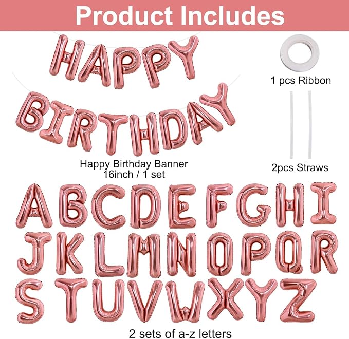 TONIFUL 65 Pcs 16 Inch Rose Gold Happy Birthday Balloons and 2 Sets A-Z Foil - Image 2