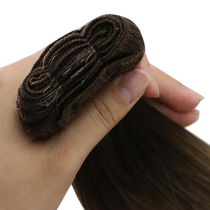 YoungSee Sew in Hair Extensions Real Human Hair 22Inch Ombre Blonde Double Weft Human Hair Extension Brown Roots to Gold Blond Mix Platinum Blonde Hair Extensions Sew in for Long Hair 100G