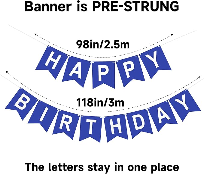 Pre-Strung Navy Blue Happy Birthday Banner Birthday Party Banner NO DIY | Happy - Image 3