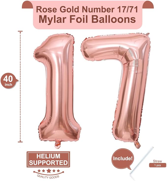 40 Inch Rose Gold 17 Number Balloons Giant 17 Balloons Rose Gold Birthday 17 - Image 2