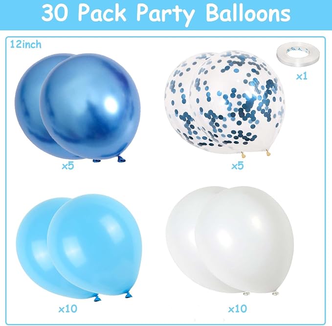 Blue and White Balloons, 12 Inch Light Blue White Latex Party Balloon Set - Image 2