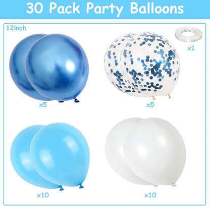 Blue and White Balloons, 12 Inch Light Blue White Latex Party Balloon Set - Image 2