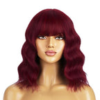 BERON 14 Inches Red Wig Short Curly Wigs Wine Red Wigs with Bangs for Women Synthetic Wig with Hairnet