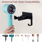 Hair Dryer Holder, Aluminum Alloy Blow Dryer Holder with Adhesive/Screw Installation, Universal Hair Dryer Wall Mount Compatible with Dyson Hairdryer Holder for Bathroom Black UEMUSI