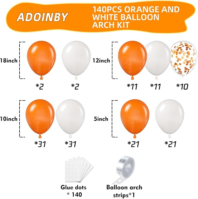 Orange and White Balloon Arch Kit, ADOINBY 140Pcs White and Orange Balloons - Image 2
