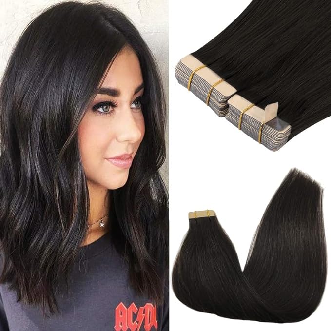 GOO GOO Tape in Hair Extensions Human Hair, 1B Natural black, 14inch 100g 40pcs, Skin Weft Seamless Invisible, Silky Straight with Thick Ends, Remy Human Hair