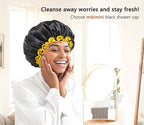 mikimini Extra Large Black Shower Cap for Women and Men Thick Long Hair Braids, Reusable Waterproof Double Layers XL Bathing Hair Caps with Vibrant Yellow Edge (Black)