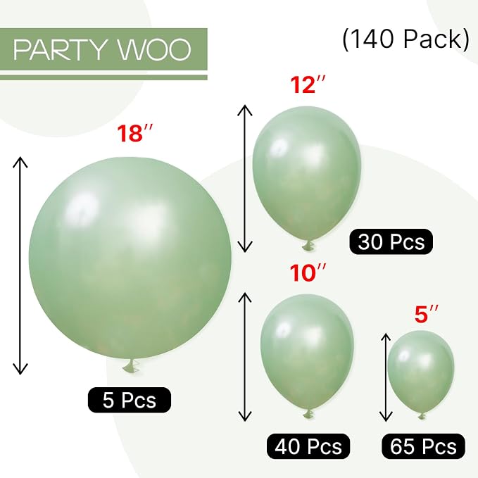 PartyWoo Pearl Light Green Balloons 140pcs Pastel Green Color | 18 12 10 5 Inch - Image 5