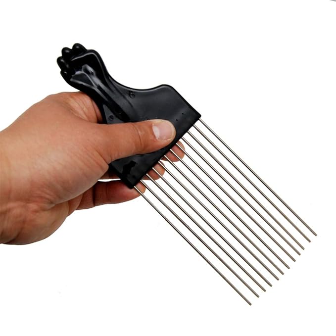 (2 Pack) 8" Long Black Fist Metal Afro Pick Lift Hair Comb Detangle Wig Braid Hair Man Styling Comb