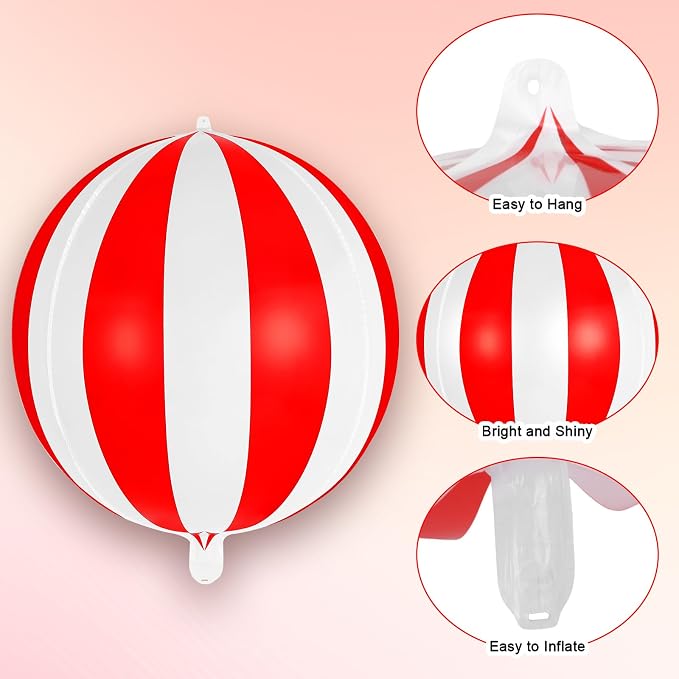 Red and White Striped Balloons, 22 Inch Metallic Circus Foil Balloons - Image 5