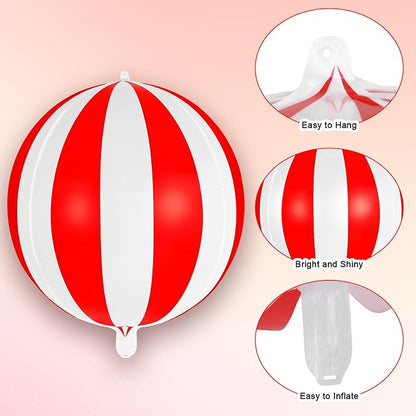 Red and White Striped Balloons, 22 Inch Metallic Circus Foil Balloons - Image 5