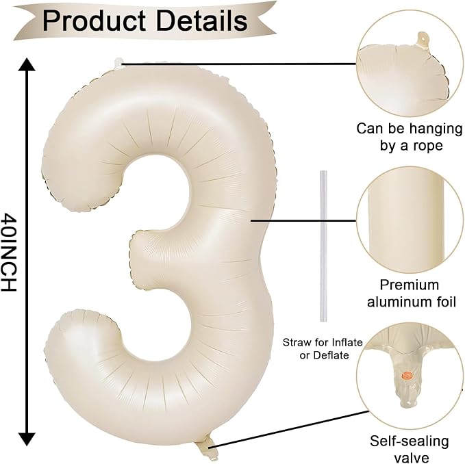 40 Inch Beige Numbers Balloons 3, Large Self Inflating Cream White Digit 3 - Image 2