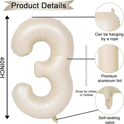 40 Inch Beige Numbers Balloons 3, Large Self Inflating Cream White Digit 3 - Image 2