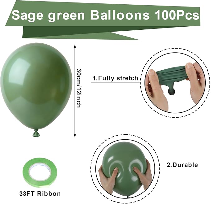 Patimate Sage Green Balloons 100 Pack 12 inch Olive Green Latex Balloons | - Image 3