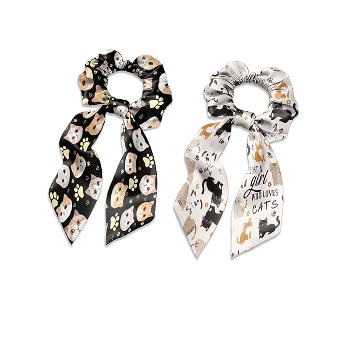 Cat Scarf Scrunchies for Women Paw Print 2 Piece Knotted Bow Hair Scrunchies Lightweight Bow Hair Tie with Knot Non Damage