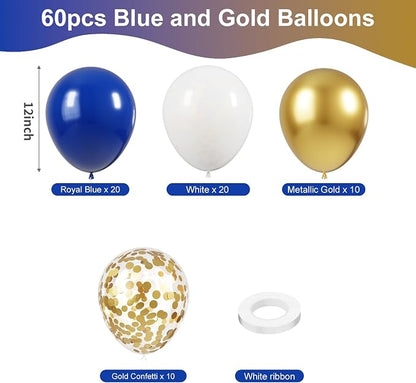KBZVNAF Royal Blue Gold White Balloons 60 Pack 12 inch | Metallic Gold Confetti - Image 2