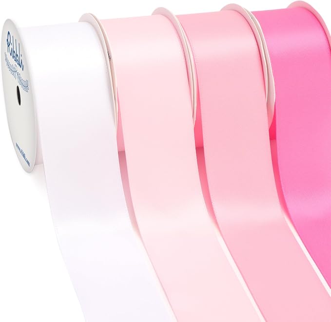 Ribbli Pink Satin Ribbon 1-1/2 Inch x 4 Rolls Total 40 Yards- White Pink Ribbon by Ribbli
