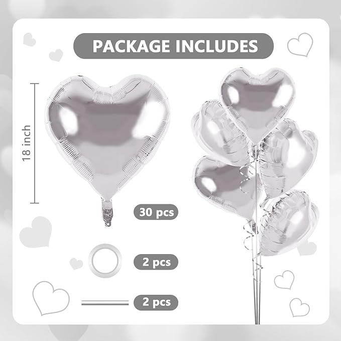 TONIFUL 30 Pcs Silver Heart Balloons 18 Inch Heart Shape Foil Mylar Balloon | - Image 2