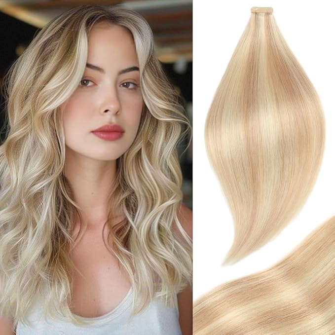 Human Hair Tape in Extensions Ash Blonde Highlighted Bleach Blonde 20 Inch 20pcs Seamless Straight Double Sided Remy Invisible Tape in Hair Extensions Human Hair (P18K/60#,20 Inch)