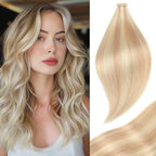 Tape in Hair Extensions Straight Double Sided Remy Invisible Hair Extensions Human Hair Tape in Extensions Ash Blonde Highlighted Bleach Blonde 24 Inch 20pcs (P18K/60#,24 Inch)