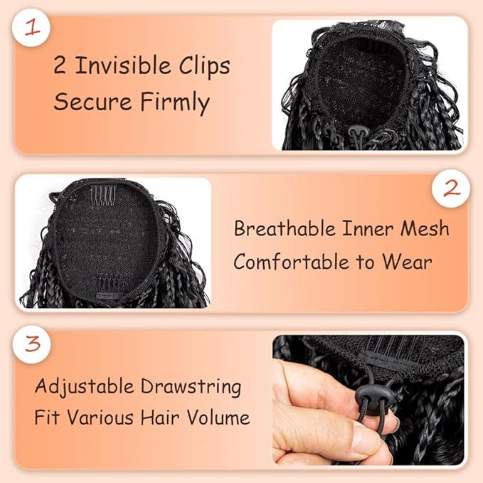 Drawstring Ponytail for Women 24 inch Boho Box Braids with Long Wavy Hair Clip in Ponytail Extension Synthetic Hair Extensions Ponytail for Daily Use (T1B/Bug#, 24 Inch)