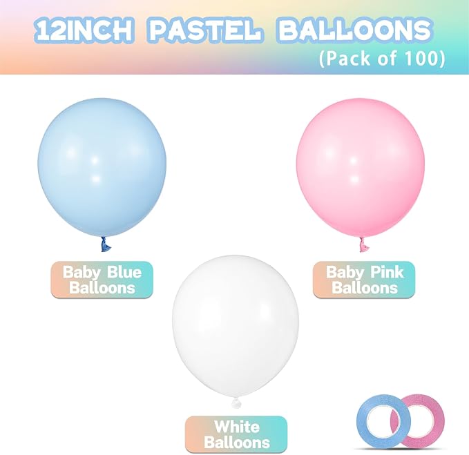 Pink and Blue Balloons 100 Pack 12 inch Pastel Pink Blue White Latex Party - Image 2