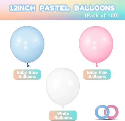 Pink and Blue Balloons 100 Pack 12 inch Pastel Pink Blue White Latex Party - Image 2