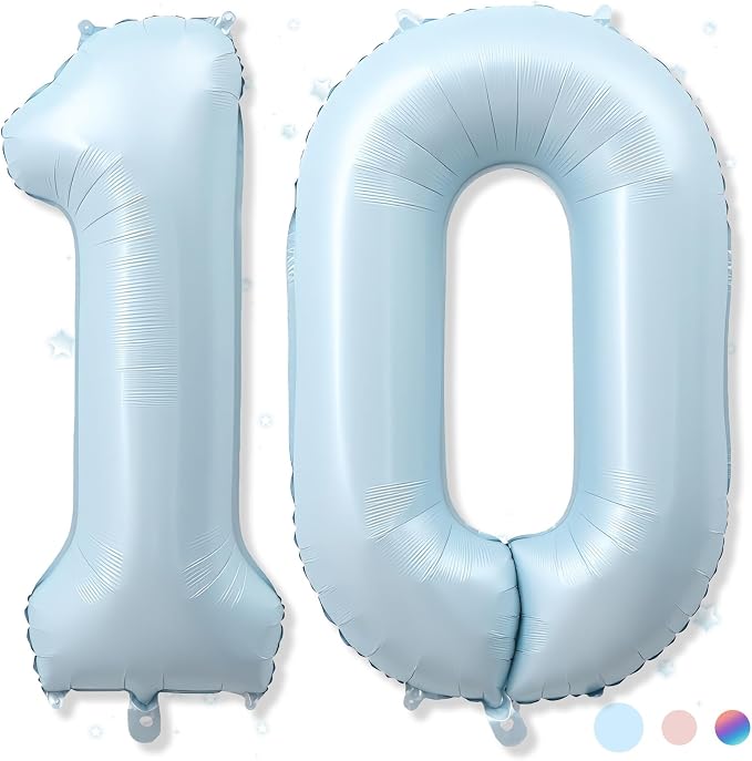 40 Inch 10 Balloon Number, Large Pastel Matte Baby Blue Foil Number 10 Balloons by Froova
