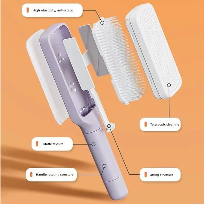 Anti-Static Self Cleaning Hair Brush,Easy Clean Retractable Hair Brush,Cleaning Retractable Massage Comb for Effortless Hair Removal and Cleaning (Purple)