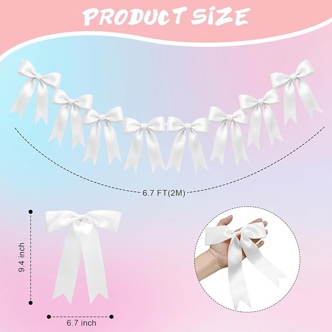 2 Strings of 16PCS White Bow Garlands Banner Decoration, Pre-Strung Satin - Image 2