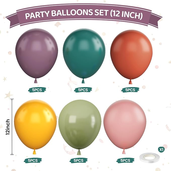 Boho Rainbow Balloons, 12inch Assorted Colors Balloon Slate Dusty Blue Mustard - Image 2
