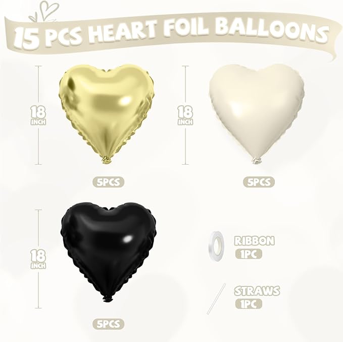 Gold Black White Heart Balloons - Image 2