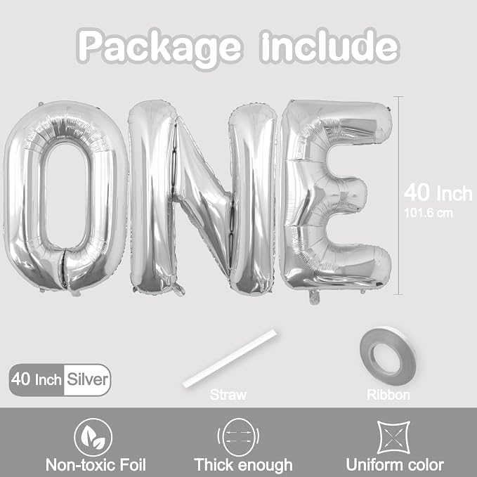 40 Inch Silver ONE Letter Foil Balloons, Giant Metallic Mylar Helium Balloons - Image 2