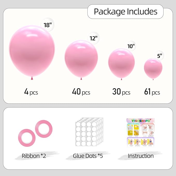 135pcs Pink Balloons Different Sizes 18" 12" 10" 5" Pink Latex Balloon Garland - Image 2