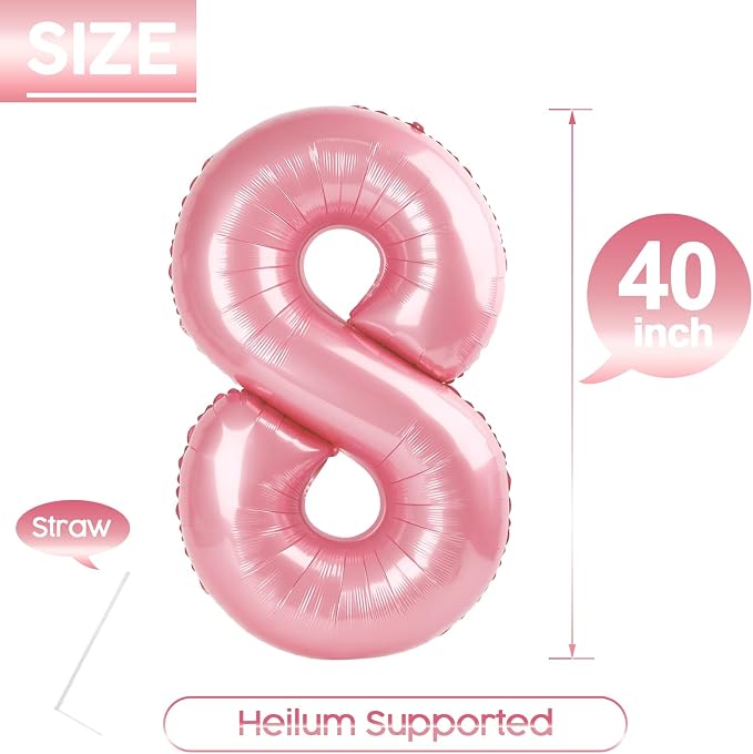 8 Balloon - Pastel Pink Birthday Number Balloons, 40 Inch Decorations | Pastel - Image 5