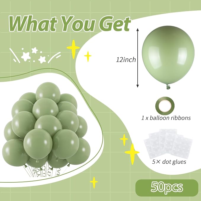 50pcs Sage Green Balloons, 12inch Matte Boho Green Balloons | Balloons - Image 2