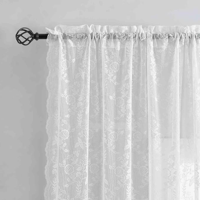 FINECITY White Lace Curtains for Bedroom Rustic Floral 52x90 Inch, 2 Panels | - Image 4